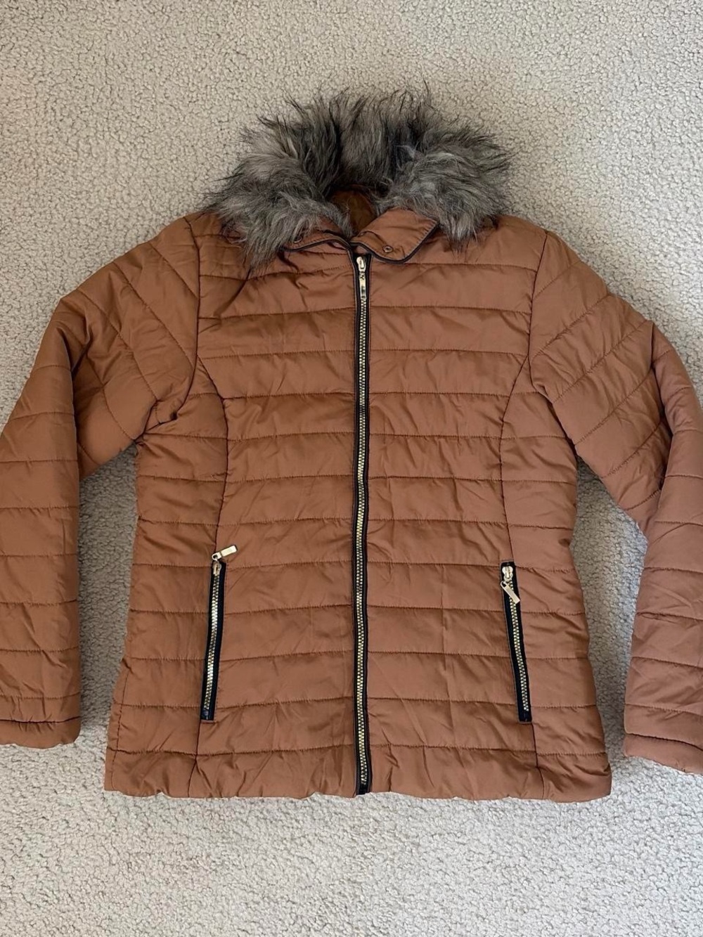 Women's Quilted Brown Puffer Jacket with Faux Fur Hood